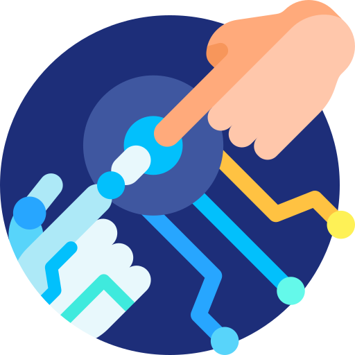 Human finger touching robotic finger with rocketship background symbolizing cutting-edge healthcare technology